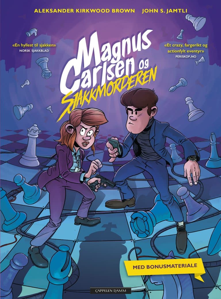 Omslag Magnus Carlsen og sjakkmorderen av Aleksander Kirkwood Brown og John S. Jamtli (Heftet)
