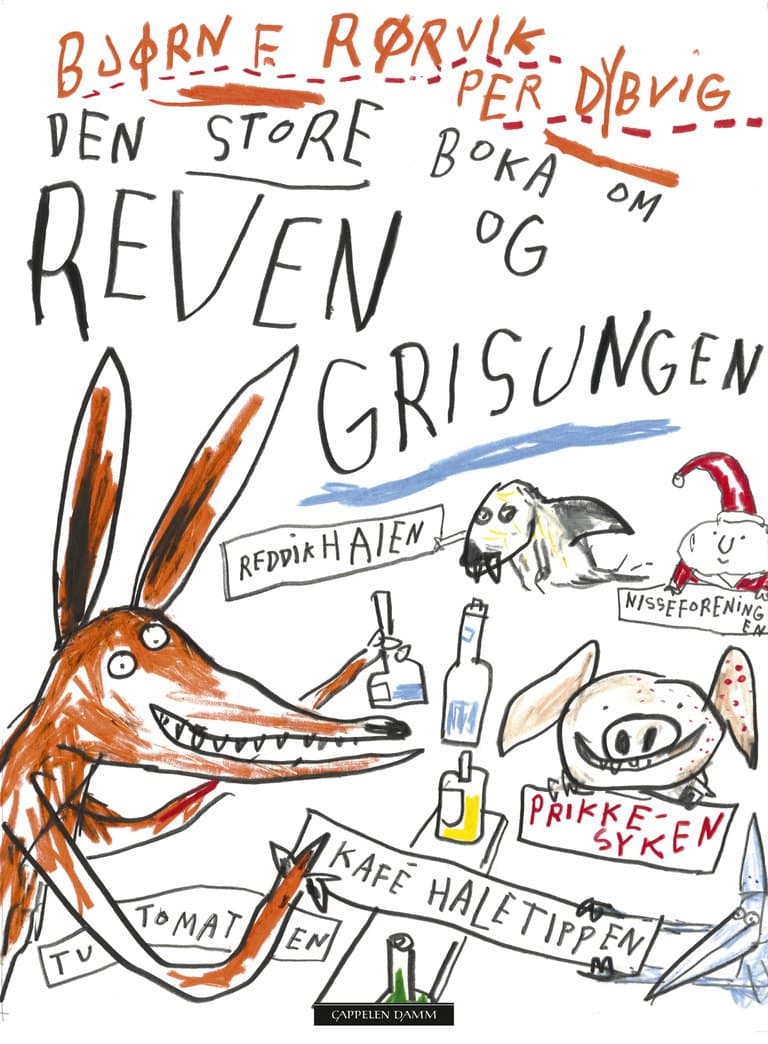 Omslag Den store boka om reven og grisungen av Bjørn F. Rørvik og Per Dybvig (Innbundet)